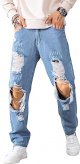 Men's Cut Out Ripped Frayed Zipper Fly Long Straight Leg Denim Jeans