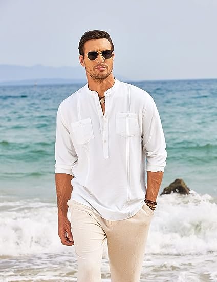 Men's Linen Henley Shirt Long Sleeve Casual  Cotton Beach T Shirts