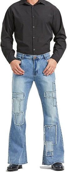 Men's Vintage Flared Leg Denim Jeans Classic Patchwork Bell Bottom Denim Pants