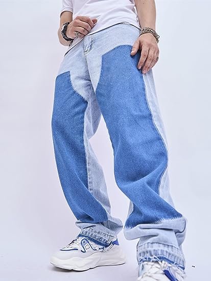 Men's Loose Color Block Wide Leg Button Up Zipper Fly Casual Denim Pants